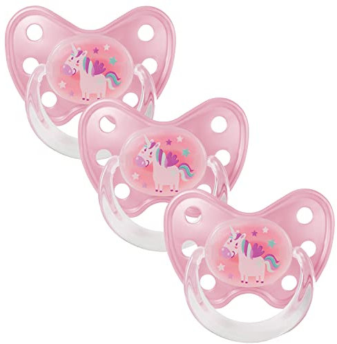 dentistar Latex Schnuller 3er-Set - Größe 3, ab 14 Monate - Zahnfreundlicher Naturkautschuk Nuckel mit Dentalstufe – BPA-frei - Made in Germany - Einhorn, Rosa
