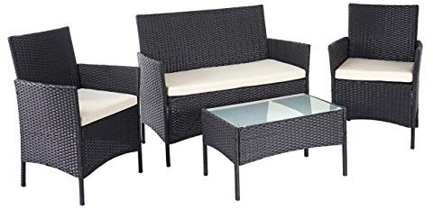Mendler Poly-Rattan Garten-Garnitur HWC-D82, Sitzgruppe Lounge-Set - schwarz mit Kissen Creme