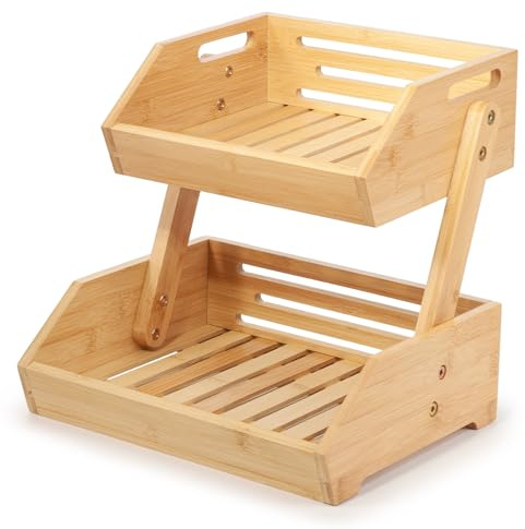 woodluv 2 Tier Fruits Basket Fruits Bowl Holder Storage Basket, Natural | Fruits Holder Organiser Fruit Bowl Storage Rack for Kitchen Home Decorative Storage