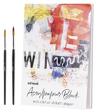 int!rend Zeichenblock A4 Acrylpapier A4 - Acryl Block DIN A 4 25 Blatt - Acrylmalblock groß - Acryl Papier Malblock - Zeichenpapier Acrylblock - Malblock mit 2x Pinsel - Mal Block Weiß