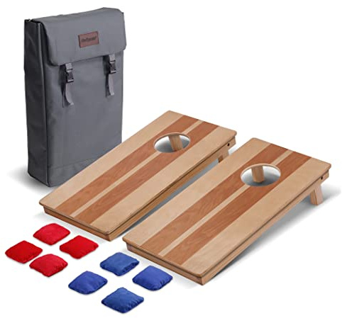 GoSports Juego de Cornhole con Mochila de 2 x 1 pies, Incluye 2 Tablas de tamaño de Viaje de Madera Premium y 8 Mini Bolsas de Frijoles con palitos y deslizantes, Multicolor