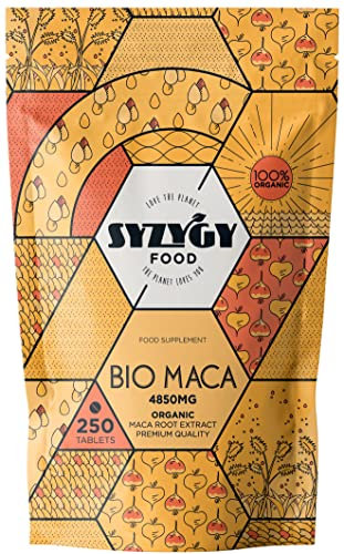 SYZYGY FOOD - Reiner Bio Maca - 250 Tabletten - 4850mg - 5:1 Konzentration - Steigert Energie und Vitalität - Offiziell Zertifizierte Bio Qualität - Made in EU