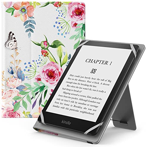 MoKo Funda Universal para 6,6.8,7 eReaders Fire Tableta - Kindle/Kobo/Voyaga/Lenovo/Sony E-Book E-Reader Tableta, Carcasa Folio con Correa de Mano y Soporte, Flor Verde