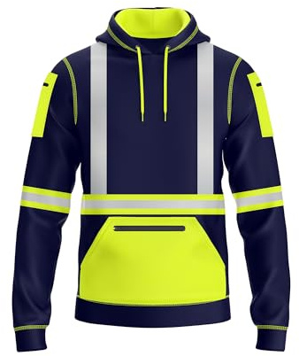 NOROZE Hombres Alta Visibilidad Pullover Sudadera Cinta Reflectante Gris Abrigo de Seguridad con 4 Bolsillos Sweatshirt Chaqueta (L, Estilo 3: Verde neón/Azul Marino)