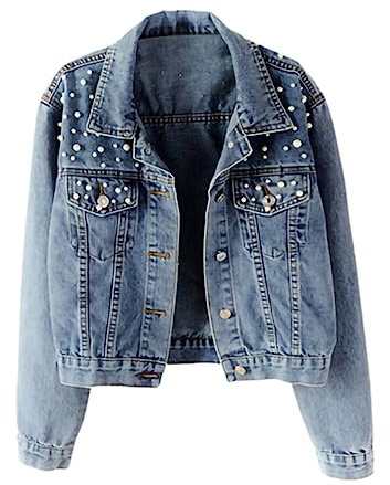 BININBOX Chaqueta vaquera para mujer azul chaqueta negra mujer con perlas artificialees chaqueta vaquera otonño (2XL, Azul)