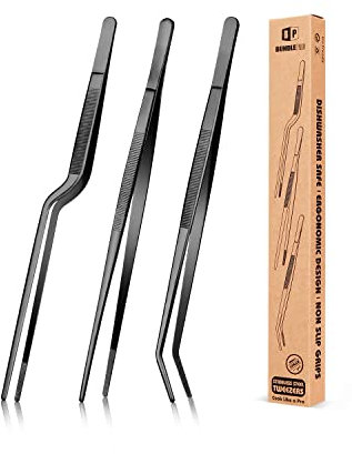 Set di pinzette da cucina, pinze professionali per alimenti in acciaio inox, pinzetta da cucina nera lunga per cucinare, impiattare, decorare e barbecue (NERO, 25,5 CM)