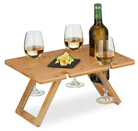 Relaxdays Mini-Table portative, Pliable, HxLxP : 20x40x30 cm, Encoche 4 Verres de vin et 1 Bouteille, Bambou, Nature