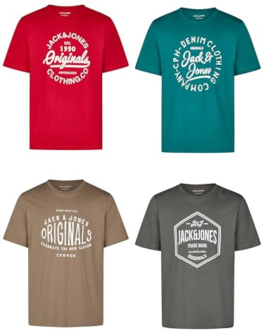 JACK & JONES JJLINO Lot de 4 t-shirts à col rond et manches courtes, coupe droite, imprimé été, 100 %, t-shirt en coton, noir, blanc, vert, rouge, bleu, gris, tailles S, M, L, XL, XXL, 3XL