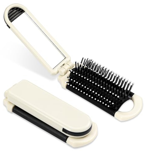 Brosse à cheveux de voyage pliable avec miroir, mini brosse pliable au format de poche, peigne de massage, outil de coiffure compact pour salle de sport, voyage et sac à main (couleur crème)