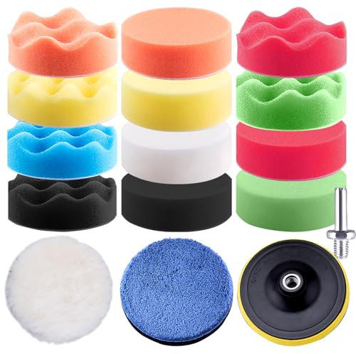 SIQUK 16 Pieces Polishing Pads Kit 3 Inch Wax Buffing Pads Car Foam Polishing Pads for Drill Buffer Polisher Attachment, 75MM