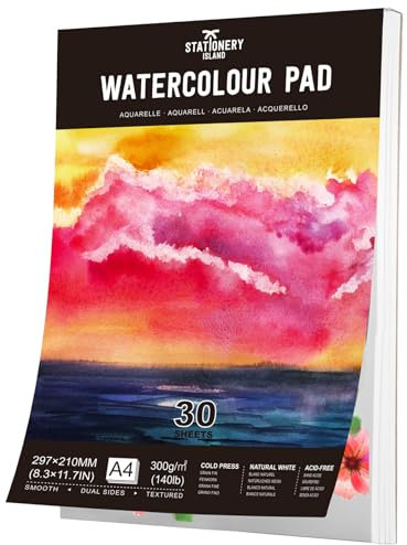 Stationery Island Aquarellpapier A4 300g, 30 Blatt Aquarellblock A4, Aquarell Papier für Wasserfarben, Aquarell Skizzenbuch, Watercolor Paper für Studenten,Anfänger, Skizzenbuch Aquarell