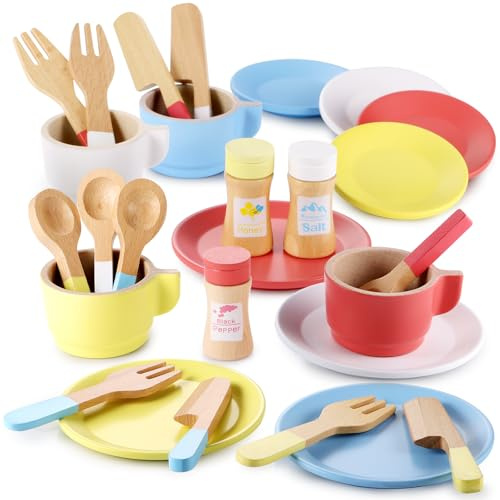 GAGAKU Wooden Toy Kitchen Dish Set [2024 upgrade] Toddler Plates and Cutlery Set Toy kitchen Accessories 27PCS Kids Role Play Gift for Age 3+ Years