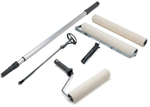 Set attrezzi per pavimenti resina epossidica composto livellante | Rullo per vernice pavimento da 40 cm e 25 cm | Rullo di ricambio da 40 cm | Manico telescopico | Miscelatore elica