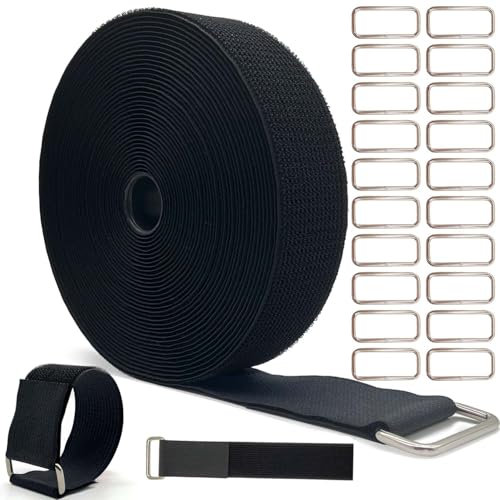 Wide 2 ×40 Ft Long Cable Straps with 20 Heavy Metal Buckles, Adjustable Nylon Hook and Loop Tie Down Straps,Free Cut Length, Reusable, Black