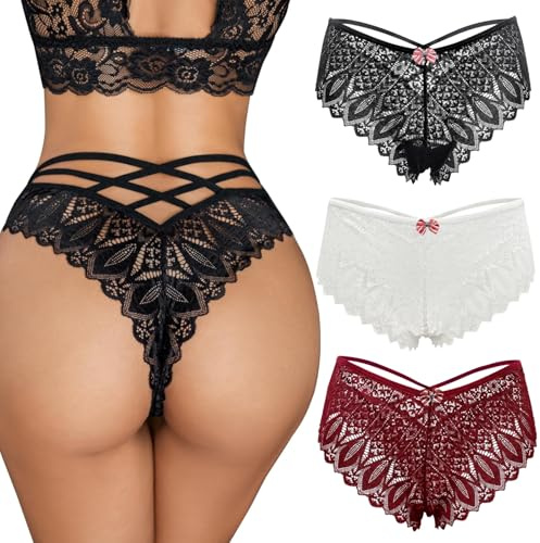 ROSVAJFY Slip in pizzo da donna, sexy tanga con scollatura, lingerie a vita bassa, mutandine in pizzo, comode perizoma, S
