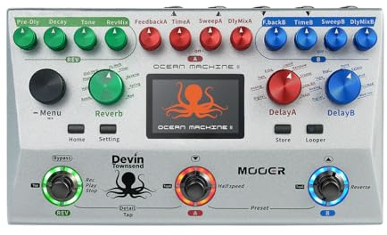 MOOER Ocean Machine II New 2024 Premium Dual Delay, Reverb and Looper Pedal Professional Ambient Pedal with Global EQ for Multiple Instruments, with MIDI THRU, MIDI IN, EXP, F4 Wireless Footswitch