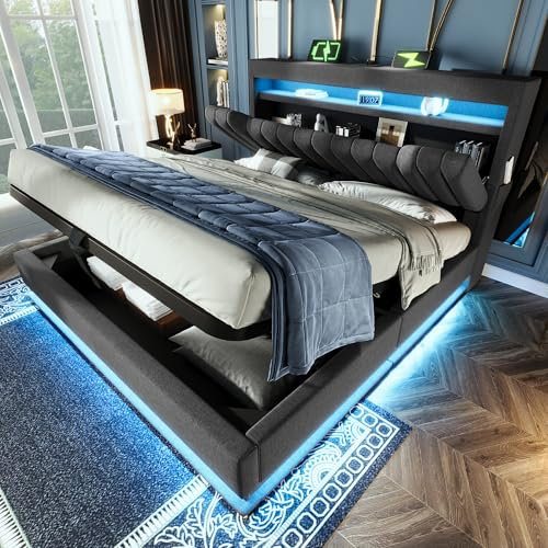 Polsterbett Doppelbett 140x200, LED Jugendbett Hydraulisches Bett Stauraumbett Funktionsbett Bettgestell mit Stauraum&Lattenrost, Stauraum-Kopfteil mit USB Type-C Aufladen, Leinen, Ohne Matratze, Grau