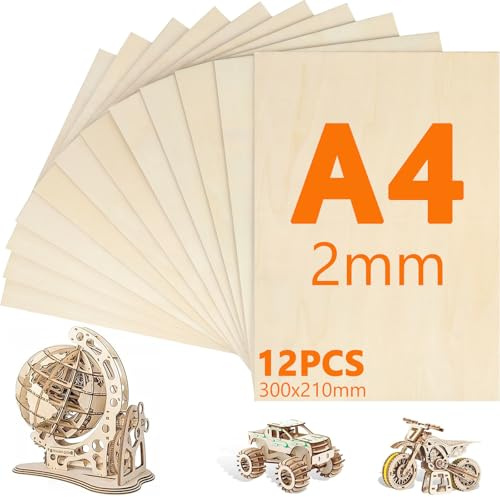 VIBINHO 12 Pezzi di Compensato A4, Pannelli Legno 300mm×210mm, Compensato 2mm, Pannelli di Legno per Artigianato, Pirografia, Modellismo, Taglio Laser, Decorazione, Pittura