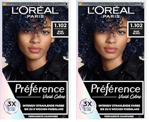 L'Oréal Paris Intensive dauerhafte Haarfarbe, Bis zu 8 Wochen glänzendes Haar und intensive Farbe, Préférence Vivid Colors, Farbe: 1.102 BLUE BLACK, 1 Stück (Packung mit 2)