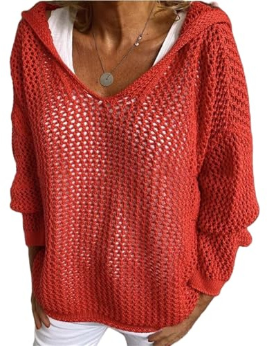 Maglione da donna con cappuccio a maniche lunghe con scollo a V all'uncinetto morbido e leggero lavorato a maglia, Rosso, XXL