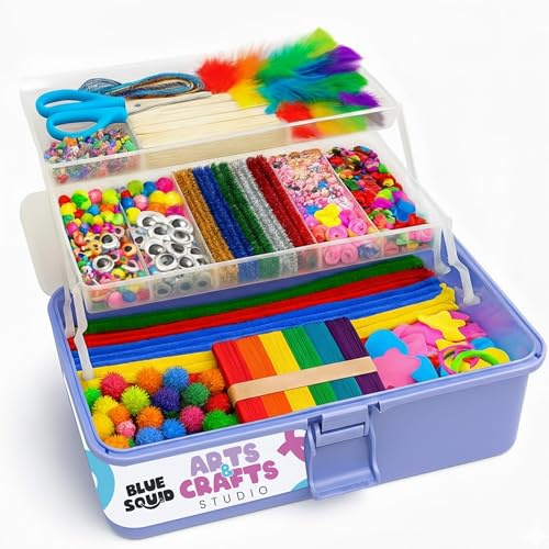 Blue Squid Arts & Crafts Box (Purple)- 2800+ pcs Deluxe Craft Supplies Box, 2 Drawers, 18 Compartments, Sturdy Handle - Art Crafting Kit Birthday Gifts for Kids, School Supply for Ages 4-12