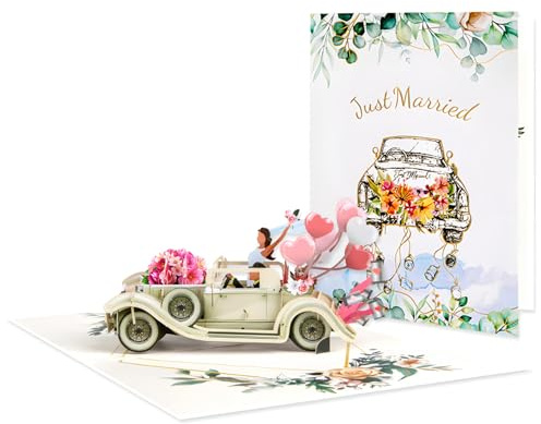 Tarjeta de boda Pop Up 3D, Just Married Tarjeta de Coche de Boda con Novia y Novio, Divertida emergente Regalo plegable para San Valentín, compromiso, boda, aniversario