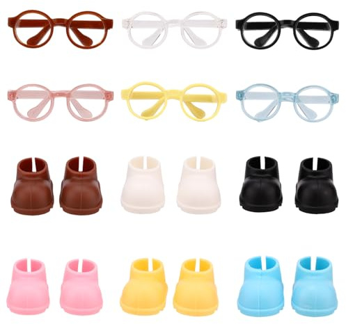 6pzs Mini Gafas Muñecas con 6 Pares Zapatos, Pequeñas Gafas Juguete y Zapatos Multicolores para Muñecas de 17cm Conjunto Atuendo Miniatura para Exposición Coleccionistas & Fotografía