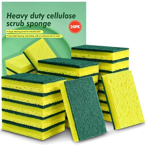 24 Pack Heavy Duty Washing Up Scrub Sponges, Multi-Purpose Kitchen Dishwashing Sponge for Efficient Stain Removal, Cellulose Scrub Sponge for Kitchen Pots, Bowls, Bathrooms, Tiles & Home Cleaning