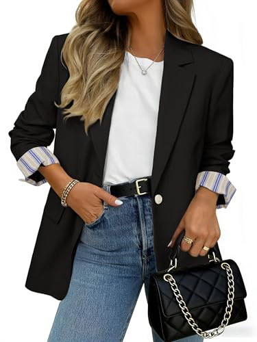 Simplee Blazer for Women Casual Long Sleeve Work Business Blazers Striped Cuff Suit Jacket with Pockets 2026 (Black M)