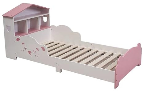 URBNLIVING Wooden Toddler Bed with Integrated Bookshelf Storage – Junior Kids Bed Frame with Built-in Bookcase for Bedroom Organisation (PINK)