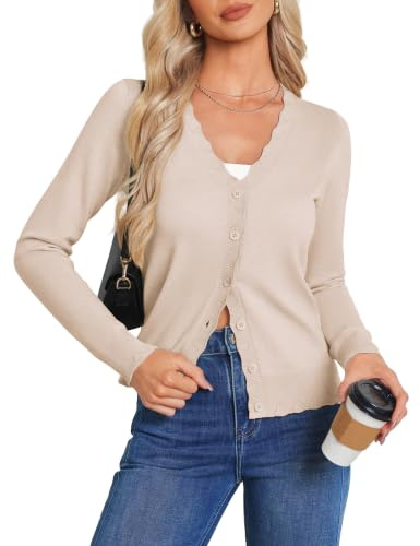 GRACE KARIN Women's Elegant Cardigan V Neck Scalloped Long Sleeves Knitwear | Autumn Winter, Comfortable, Soft, Warm, Casual, Button Down, Regular Fit