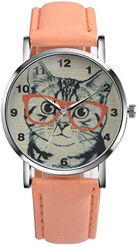 LsvtrUS Unisex Scholar Cat Pattern Leather Band Analog Quartz Dial Wrist Watch (Pink)