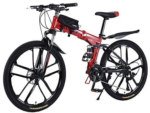 Mountain bike pieghevole da 26 pollici, con doppio assorbimento degli urti, telaio in fibra di carbonio con borsa per bicicletta, freni a disco, bici a sospensione completa perfetta (rosso)