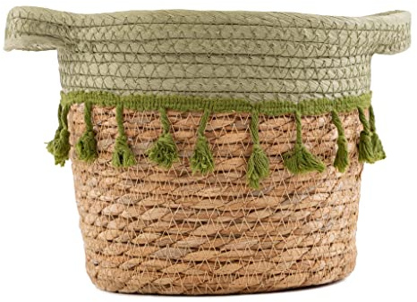 Closer2Nature Natural Tassel Storage Basket - Superb Wicker Baskets With Green Woven Tassel PomPom; Excellent as Gift, or Cupboard Organiser, Bathroom Storage and Indoor Plant Pot - Green