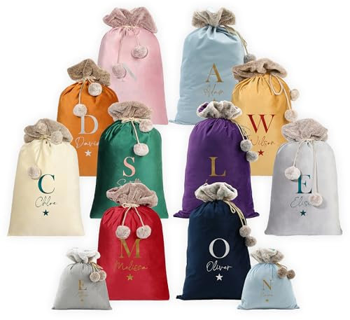 Print Maniacs Personalized Velvet Santa Sack with Fur Trim – Large Custom Bag with Name and Initial for Holiday Gifting