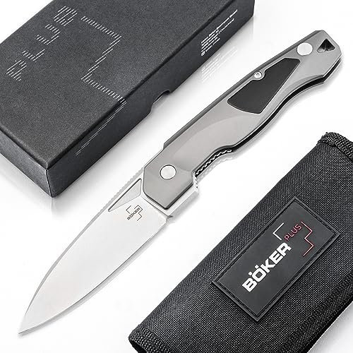 BÖKER PLUS® Aluma - taktisches Framelock Taschenmesser - Einhand Klappmesser mit Flipper - klappbares Einsatzmesser für Polizei, Feuerwehr & THW - Tactical D2 Pocket Knife mit Etui & Geschenk-Box