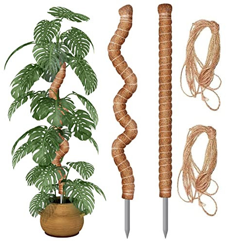 REKALRO 2 Stück 90CM Biegbar Moosstab mit 2 Stück 2M langes Hanfseil, Pflanzstab Kokos, Kokosstab für Pflanzen, Kokos Rankstab, Rankhilfen für Kletterpflanzen Garten Pflanzenunterstützung Kokosstab