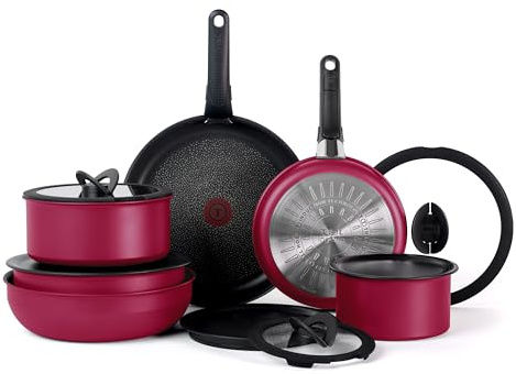 T-FAL Ingenio Expertise Non Stick Cookware Set 14 Piece, Induction, Oven Broiler Safe 500F, Cookware, Pots and Pans Set, RV, Camping, Frying Pans, Dishwasher Safe, Detachable/Removable Handle, Pink