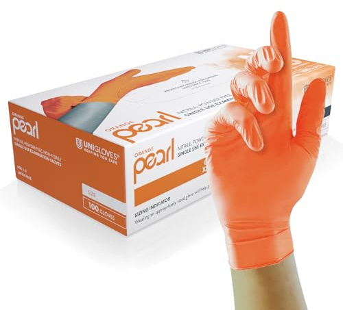 UNIGLOVES Orange Pearl Nitril-undersökningshandskar – mångsidiga, puderfria och latexfria engångshandskar – låda med 100 handskar, orange, liten (GP0132)