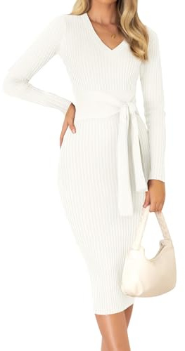 ZESICA Women's 2026 Spring Sweater Dress V Neck Long Sleeve Ribbed Knit Tie Waist Bodycon Slim Fit Midi Dresses White