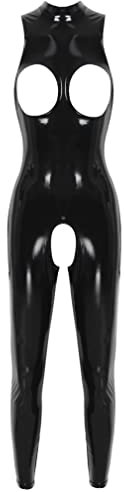 FEESHOW Frauen Lackleder Body Wetlook Catsuit Brust Und Schritt Offen Jumpsuit Latex Rubber Gummi Ganzanzug Party Clubwear A_Schwarz XXL