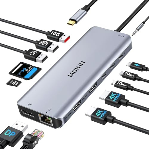 Station d'accueil USB C Docking Station Double Moniteur, 13 en 1 Dock USB C vers Dual HDMI et DisplayPort, 3 USB A/C 3.1, 2*USB A 2.0, RJ45, PD 100W, SD/microSD, Docking Station pour HP Lenovo Dell