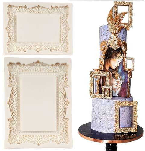 FCKEMLDS Baroque Frame Fondant Molds Picture Frames Silicone Mold Set Of 2