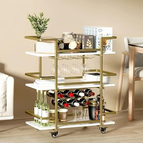 DAWNYIELD Carrello da bar a 3 livelli con ruote Carrello per bevande su ruote Carrello di servizio mobile con portabicchieri (dorato)
