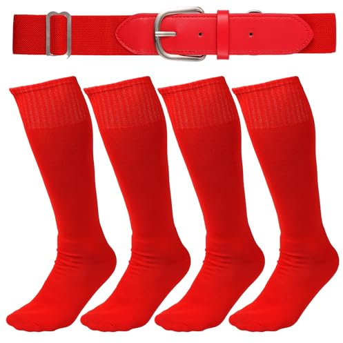 lasuroa 2 Paar Baseball-Socken und Gürtel, 35x20cm Rote Softball-Socken Elastischer Taillengürtel Verstellbare Baseball-Softball-Socken und Gürtel-Kombi-Set für Jungen und Mädchen