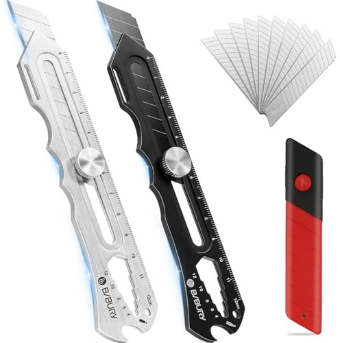 BIBURY 2 cúteres profesionales de acero inoxidable con hoja de corte extra 10SK5 de 18 mm, multifuncional, multiusos para alfombras, cuchillo de fundición a presión, cuchillo para interiores y