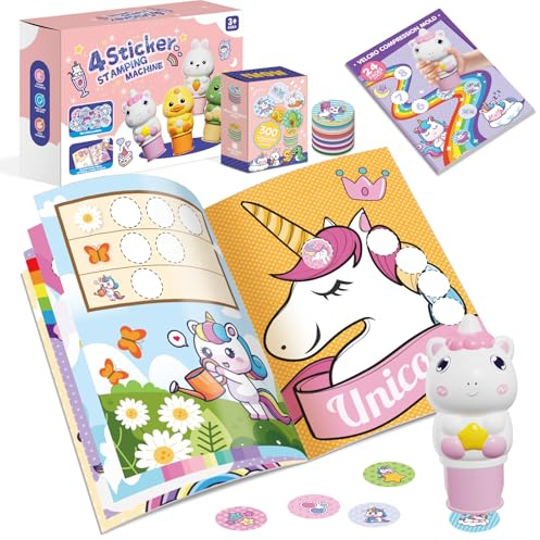 Fozcmisw Timbratore di Adesivi | Blocco attività 24 Pagine | 300 Adesivi| Giocattolo da Viaggio per Bambini a Partire da 3 4 5 6 Anni | Giocattolo Fidget per Lavoretti Artistici- Unicorno