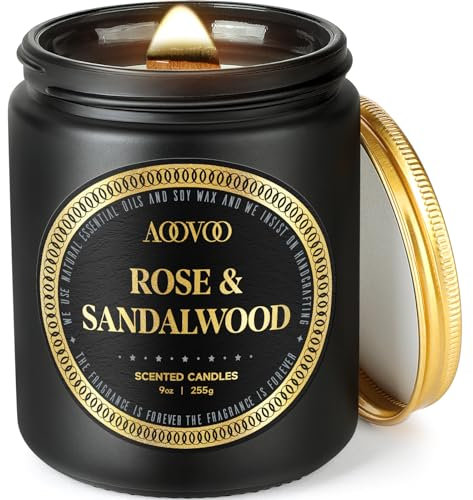 AOOVOO Duftkerzen Männer im Glas - Rose & Sandelholz duftend, Holzdocht Natürliche Sojawachskerze Geschenk für Frauen Männer, 255g, 50 Stunden Brenndauer