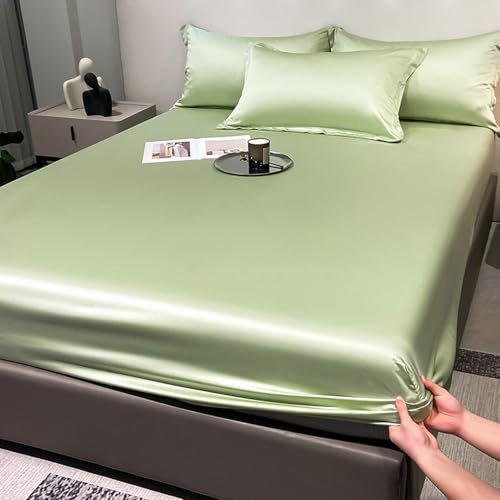 Mesnt Spannbetttuch 180x200, Lyocell-Faser Einfarbig Spannbetttücher Bettlaken Matratzenbezug, Grasgrün