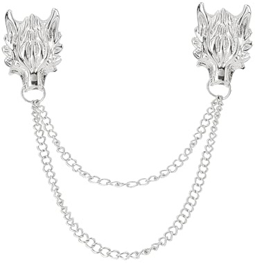 QLEUIFT 2 pcs Tête de Loup Longue Chaîne Broche Épinglette pour Hommes Collier Chaîne Gland Broche Épingles Manteau Costume Vêtements Décoration Accessoires Mari Anniversaire Cadeaux, Argent